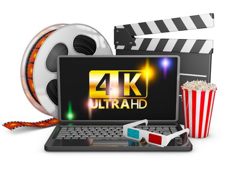 4K laptop, popcorn and film strip on a white background, 3d render.