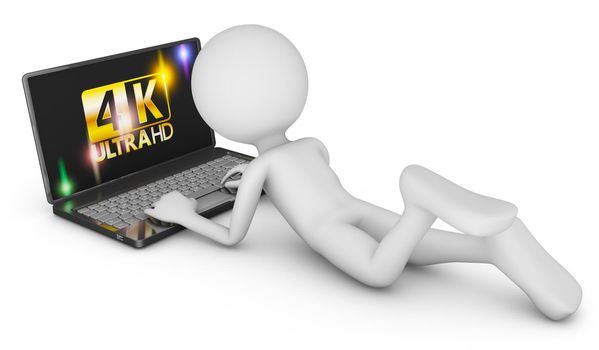 4K laptop and man on a white background, 3d render.
