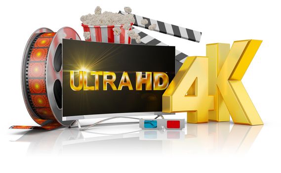 4K TV, popcorn and film strip on a white background