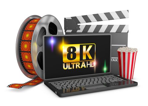 8K laptop, popcorn and film strip on a white background, 3d render.