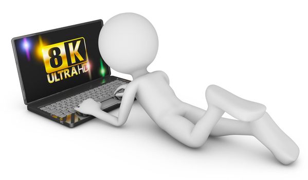 8K laptop and man on a white background, 3d render.