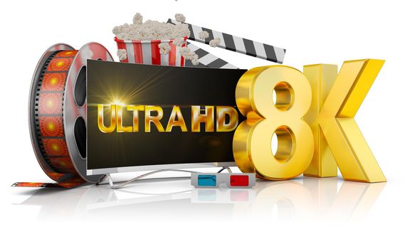 8K TV popcorn and film strip on a white background