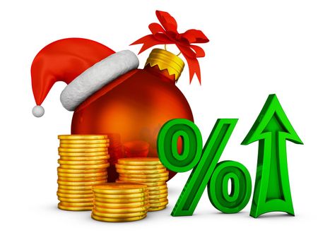arrow percent near the stacks of coins and Christmas ball. 3d render.