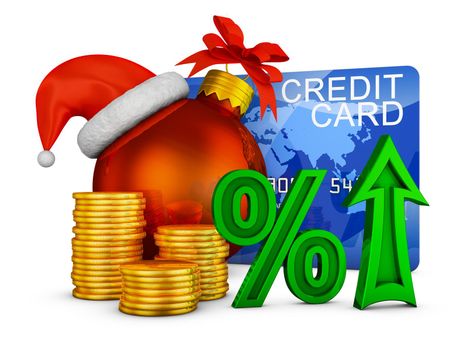 percentages and credit card near the stacks of coins and Christmas ball. 3d render.