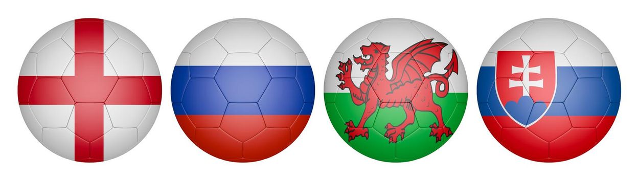 balls with flags of the  Championship, group b,3D rendering.