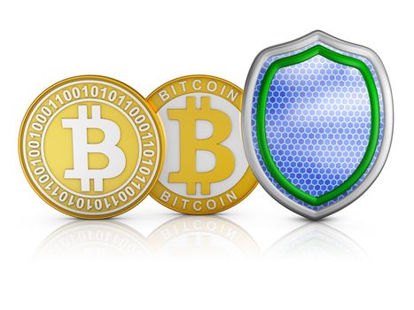 Bitcoins stacks of and shield, 3d render