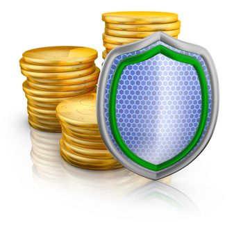 Bitcoins stacks of and shield, 3d render