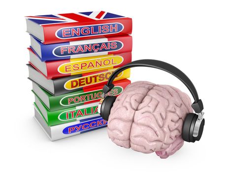the human brain with headphones and books on languages,3D illustration