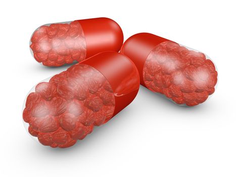 Medical capsule in the inside which are strawberries. 3d render.