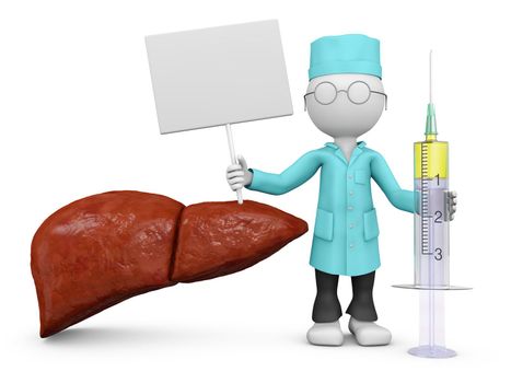 Doctor with a signboard next to liver,3D illustration