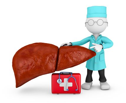 doctor with stethoscope explores the human liver,3D illustration