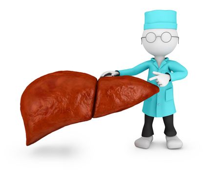 doctor with stethoscope explores the human liver,3D illustration.