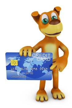 Cartoon dog holding a credit card in his paw. 3D render.