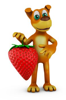 Cartoon dog holding a paw strawberries. 3Drender.