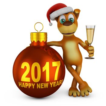 Cartoon dog in a Santa hat with a glass of wine near Christmas-tree ball. 3D render.