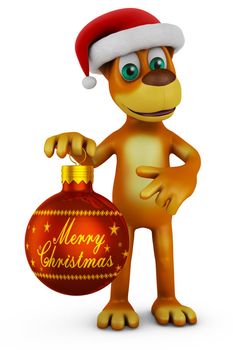 Cartoon dog in a Santa hat with a  Christmas-tree ball. 3D render.