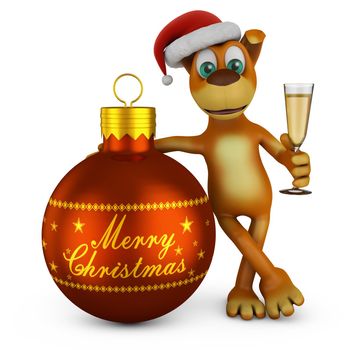 Cartoon dog in a Santa hat with a glass of wine near Christmas-tree ball. 3D render.