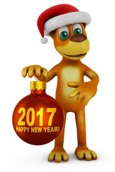 Cartoon dog in a Santa hat with a  Christmas-tree ball. 3D render.