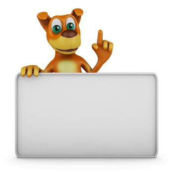 Cheerful dog near white board. 3D render.