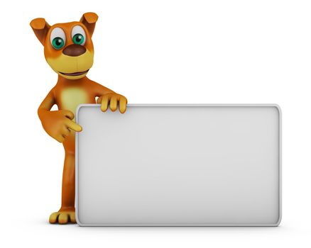 Cheerful dog near white board. 3D render.