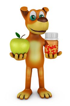 Cheerful dog with an apple and a bottle of capsules. 3D render.