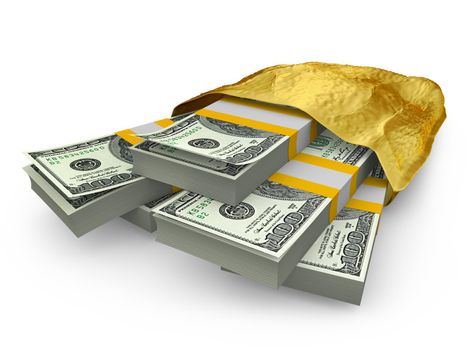stacks of dollars in the gold package
