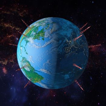 Planet earth with towers antennas, 3d render.Of This Image Furnished By Nasa