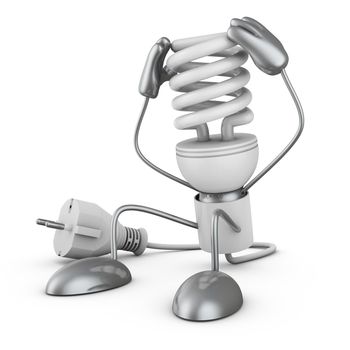 Energy saving lamp holding his hands behind his head. 3D render.