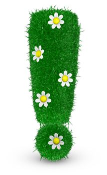 Exclamation mark covered grass and flowers, 3d render.