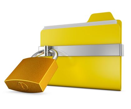 Yellow folder and a metal lock on a white background