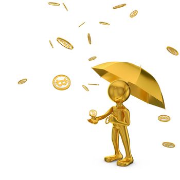 Gold man with an umbrella and Bitcoins