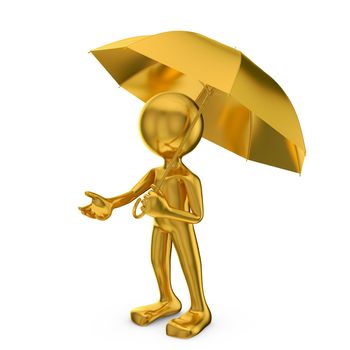 Gold man with an umbrella on a white background