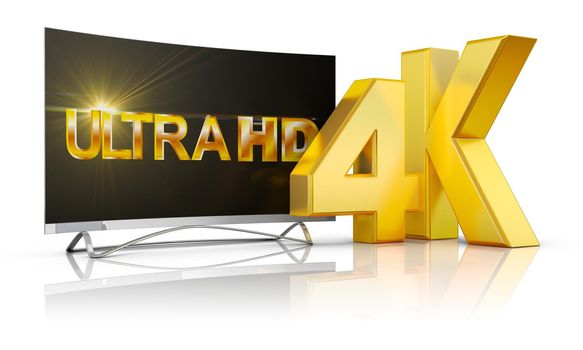 Ultra HD TV and the volume inscription 4k, 3d render.