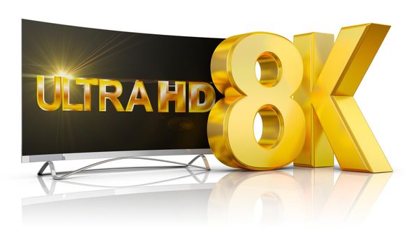 Ultra HD TV and the volume inscription 8k, 3d render.