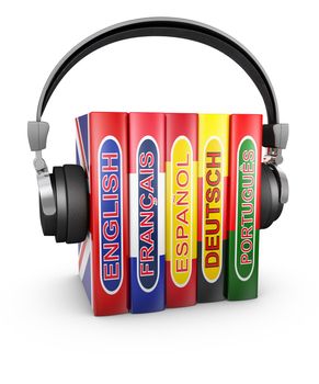 Headphones and a stack of books on language learning,3D illustration