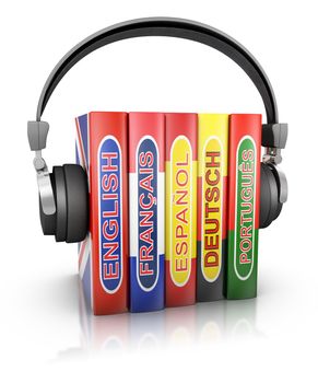 Headphones and a stack of books on language learning, 3D illustration