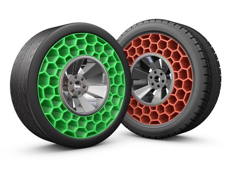 High tech airless wheels in the form of cells. 3D render.