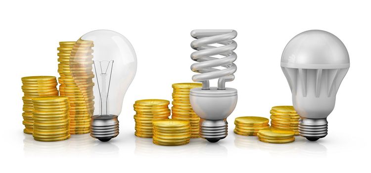 incandescent, fluorescent and LED lamps next to coins