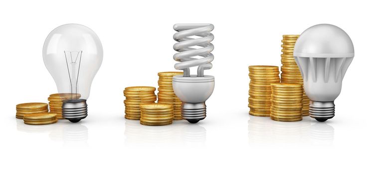 incandescent, fluorescent and LED lamps next to coins