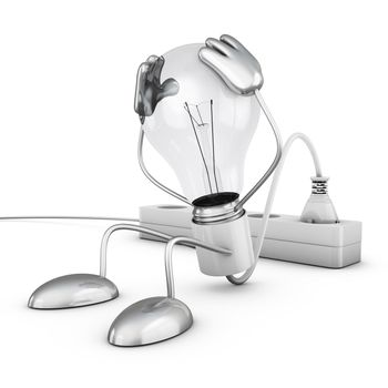 Incandescent lamp holding his hands behind his head. 3d render.