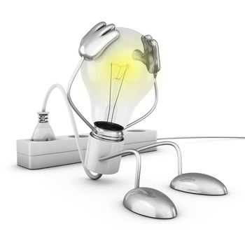 Incandescent lamp holding his hands behind his head. 3d render.