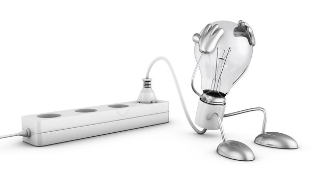 Incandescent lamp holding his hands behind his head. 3d render.