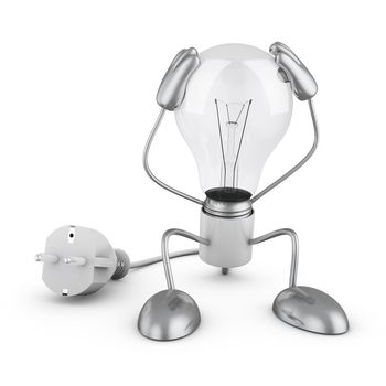Incandescent lamp holding his hands behind his head. 3d render.