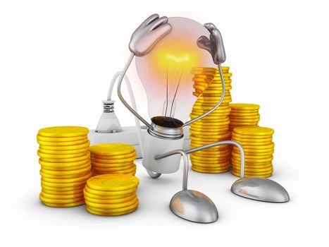 Incandescent holds his hands behind his head near the stacks of coins. 3D render.