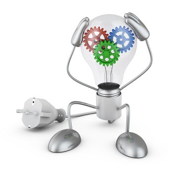Incandescent holds his hands behind his head, inside which colorful gears. 3D render.