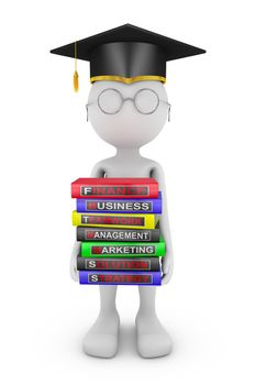 Man holds a stack of books on the study of business