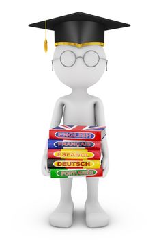 Man holds a stack of books on language learning