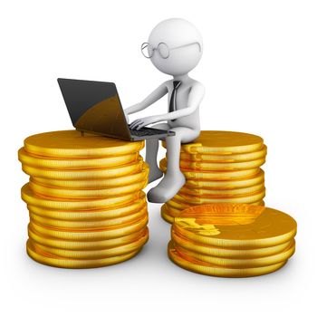 Man with laptop sitting on a pile of coins. 3D render.