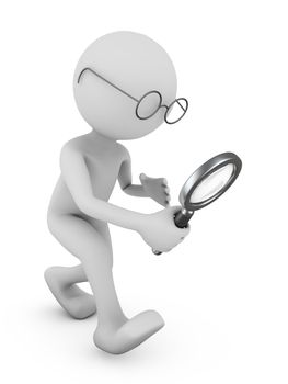 Man with a magnifying glass. 3d render.