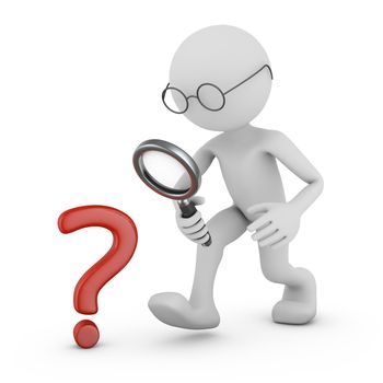 Man with a magnifying glass and a question mark. 3d render.